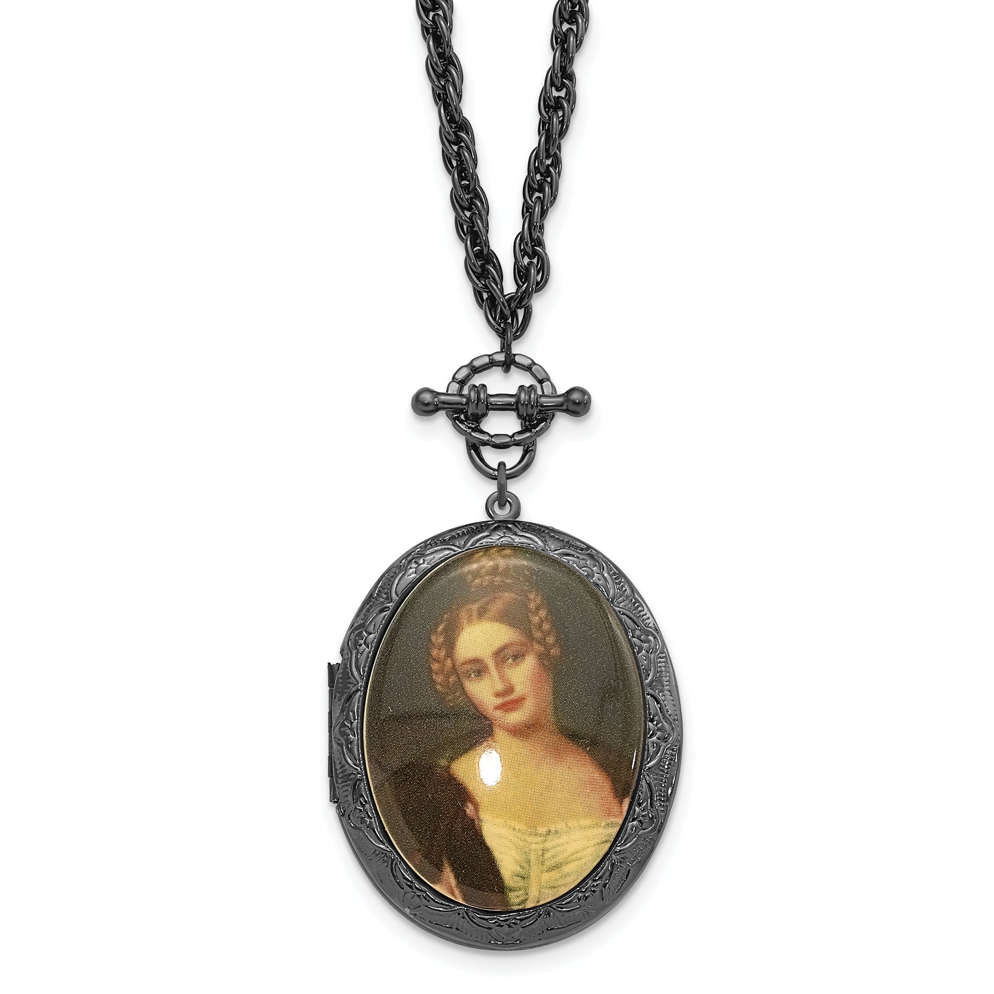 Fashion 1928 Jewelry Black-Plated 47mm Oval Locket With Victorian Woman 30 Inch Necklace Holds 2 Photos