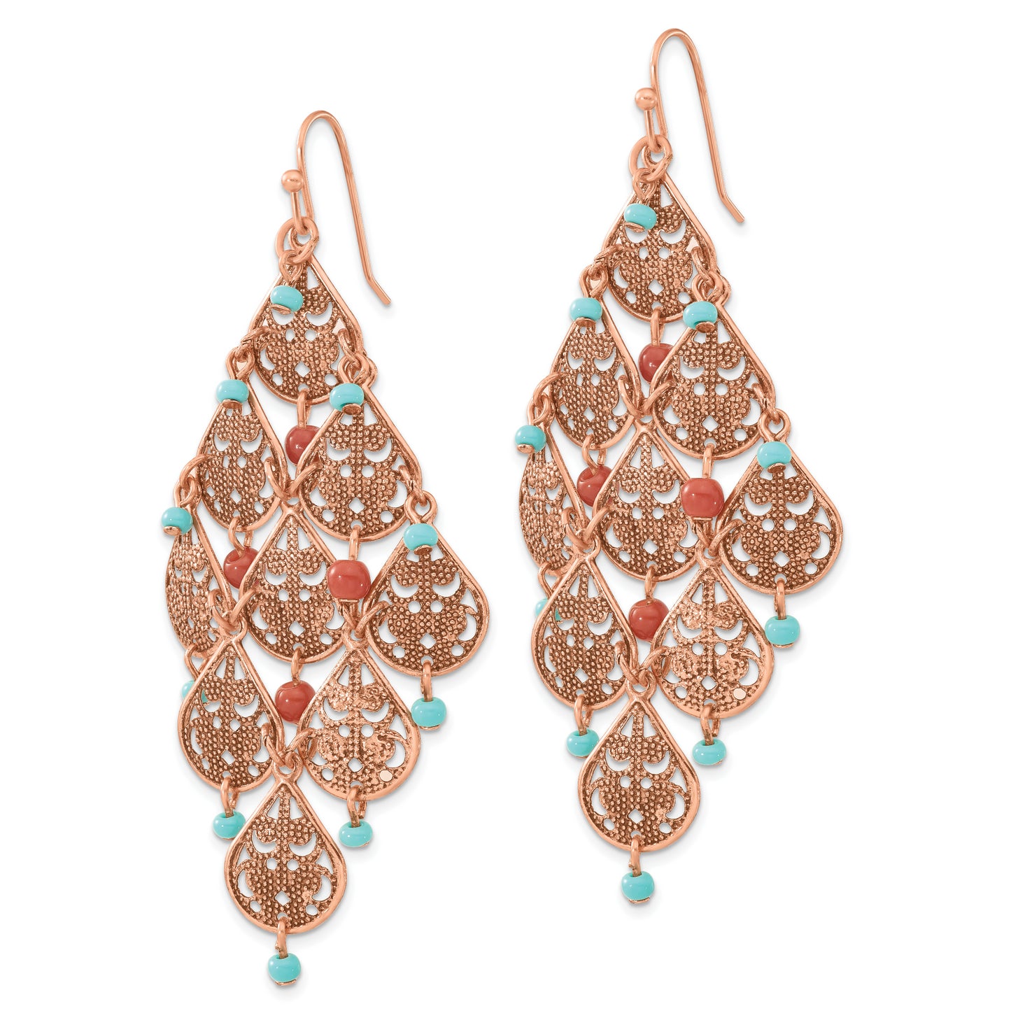 Fashion 1928 Jewelry Copper-Tone Filigree Pear Shaped And Aqua Brown Acrylic Beads Dangle Chandelier Earrings