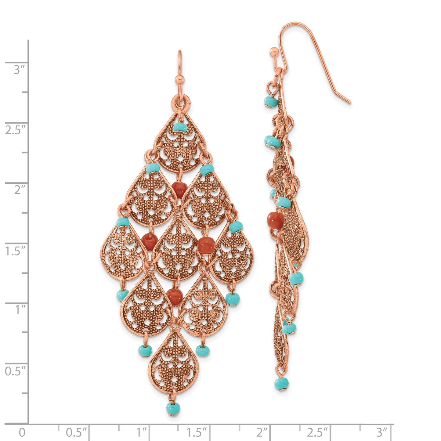 Fashion 1928 Jewelry Copper-Tone Filigree Pear Shaped And Aqua Brown Acrylic Beads Dangle Chandelier Earrings