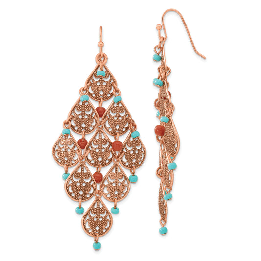 Fashion 1928 Jewelry Copper-Tone Filigree Pear Shaped And Aqua Brown Acrylic Beads Dangle Chandelier Earrings