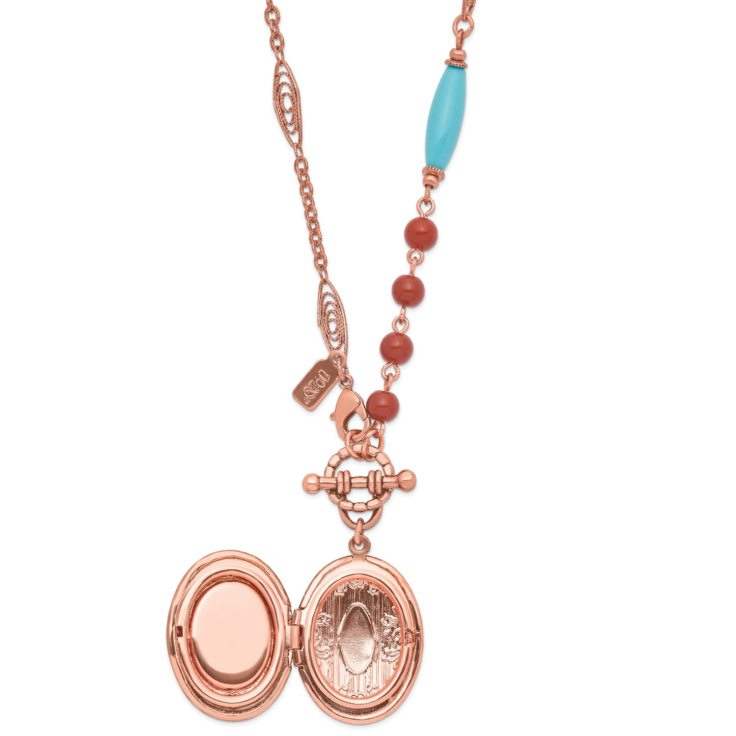 Fashion 1928 Jewelry Copper-Tone Aqua Blue And Brown Acrylic Beads Floral Frame With Center Locket Necklace Holds 2 Photos