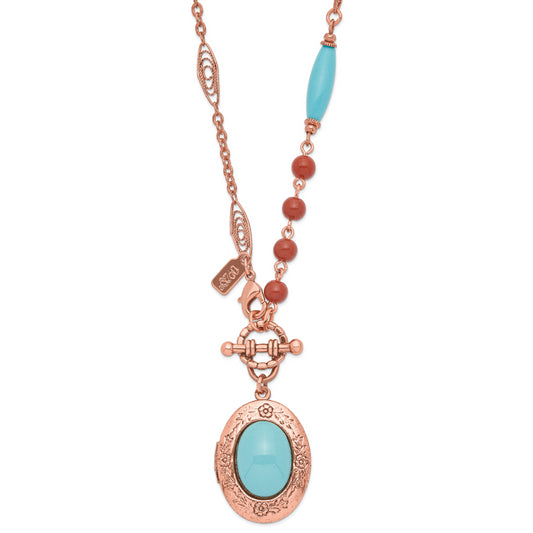 Fashion 1928 Jewelry Copper-Tone Aqua Blue And Brown Acrylic Beads Floral Frame With Center Locket Necklace Holds 2 Photos