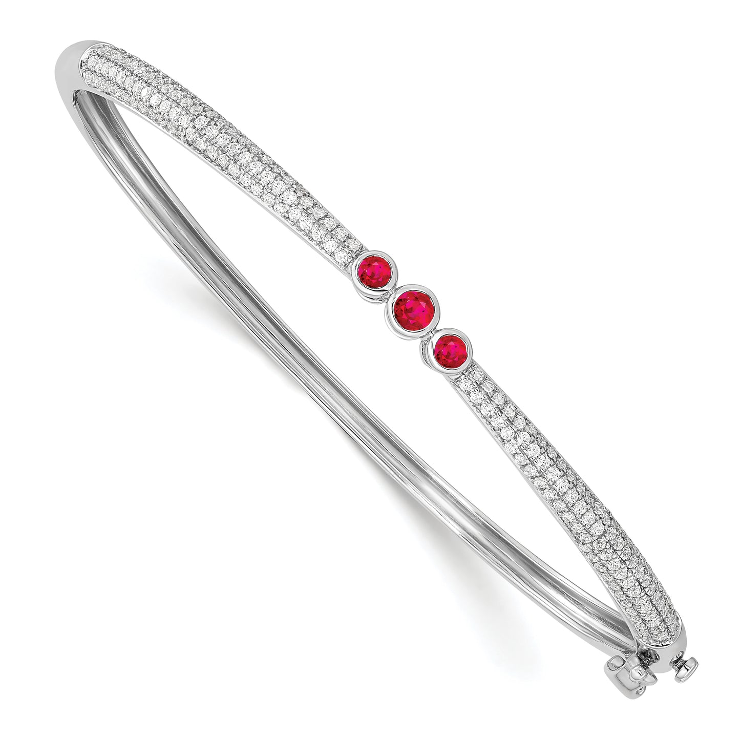 14k White Gold 7/8 Ct. Lab Grown Diamond VS/SI+ G+ and Lab Created Ruby Bangle Bracelet