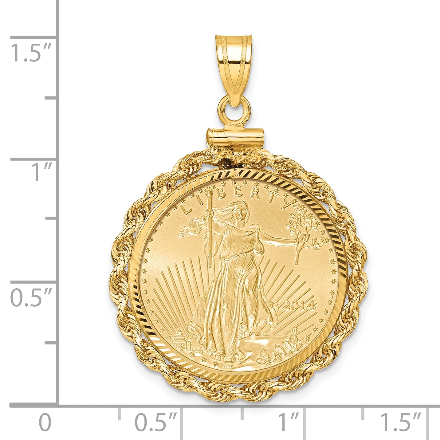 14K Yellow Gold Wideband Distinguished Coin Jewelry 14Ky Diamond-Cut Rope Screw Top Mounted 1/4Oz American Eagle Bezel Pendant