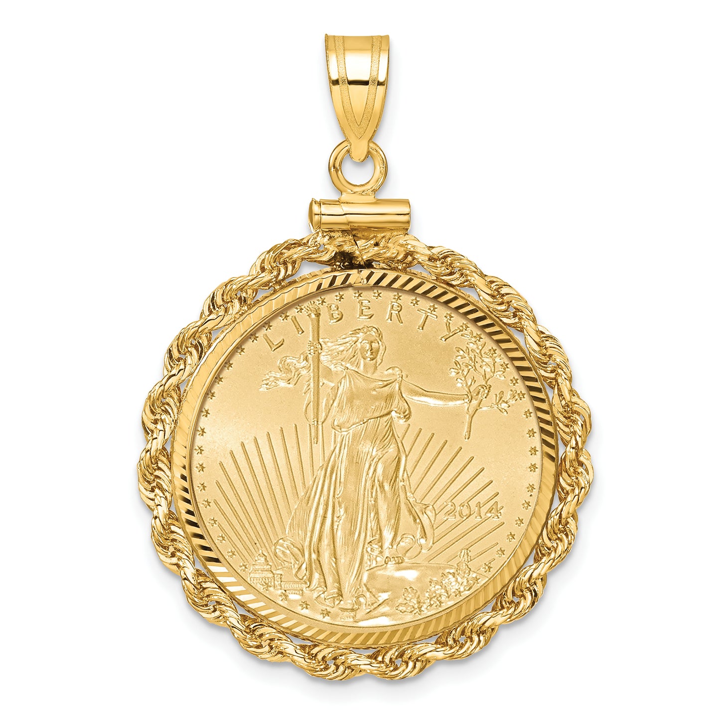 14K Yellow Gold Wideband Distinguished Coin Jewelry 14Ky Diamond-Cut Rope Screw Top Mounted 1/4Oz American Eagle Bezel Pendant