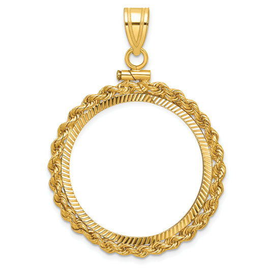 14K Yellow Gold Wideband Distinguished Coin Jewelry Polished Rope And Diamond-Cut 27.0mm X 2.35mm Screw Top Bezel Pendant