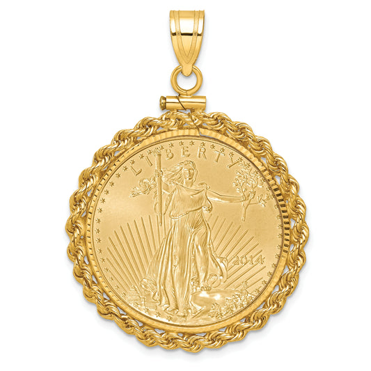 14K Yellow Gold Wideband Distinguished Coin Jewelry 14Ky Diamond-Cut Rope Screw Top Mounted 1/2Oz American Eagle Bezel Pendant