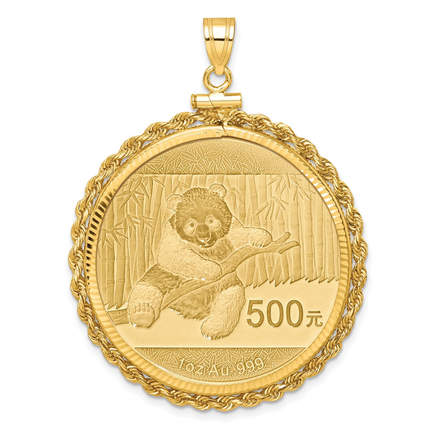 14K Yellow Gold Wideband Distinguished Coin Jewelry 14Ky Diamond-Cut Rope Screw Top Mounted 1Oz Panda Bezel Pendant