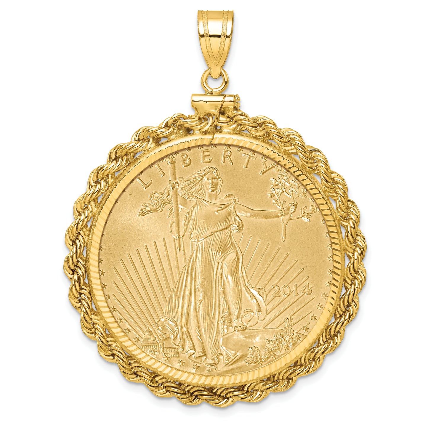 14K Yellow Gold Wideband Distinguished Coin Jewelry 14Ky Diamond-Cut Rope Screw Top Mounted 1Oz American Eagle Bezel Pendant