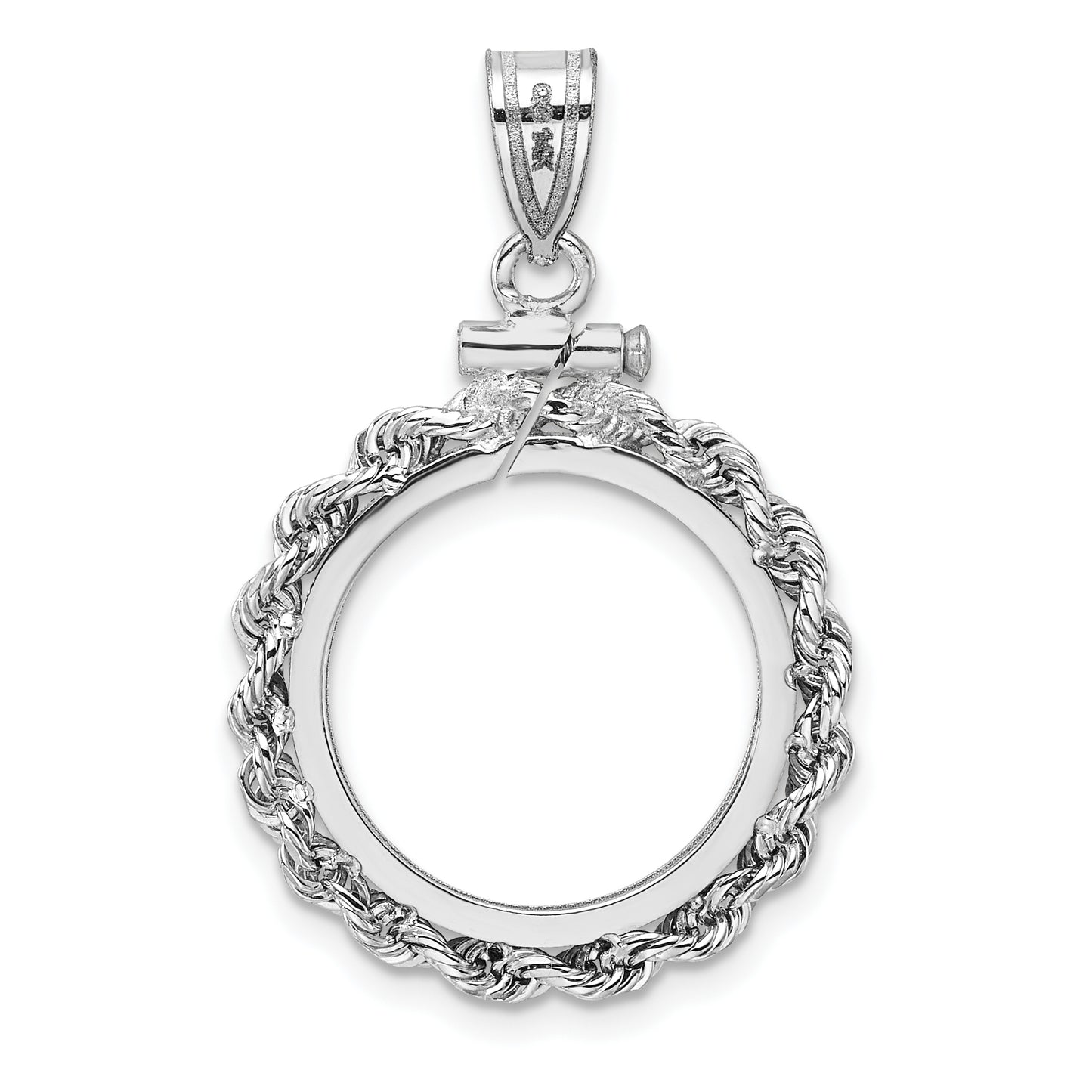 14K White Gold Wideband Distinguished Coin Jewelry Polished Rope 16.5mm X 1.35mm Screw Top Bezel Pendant