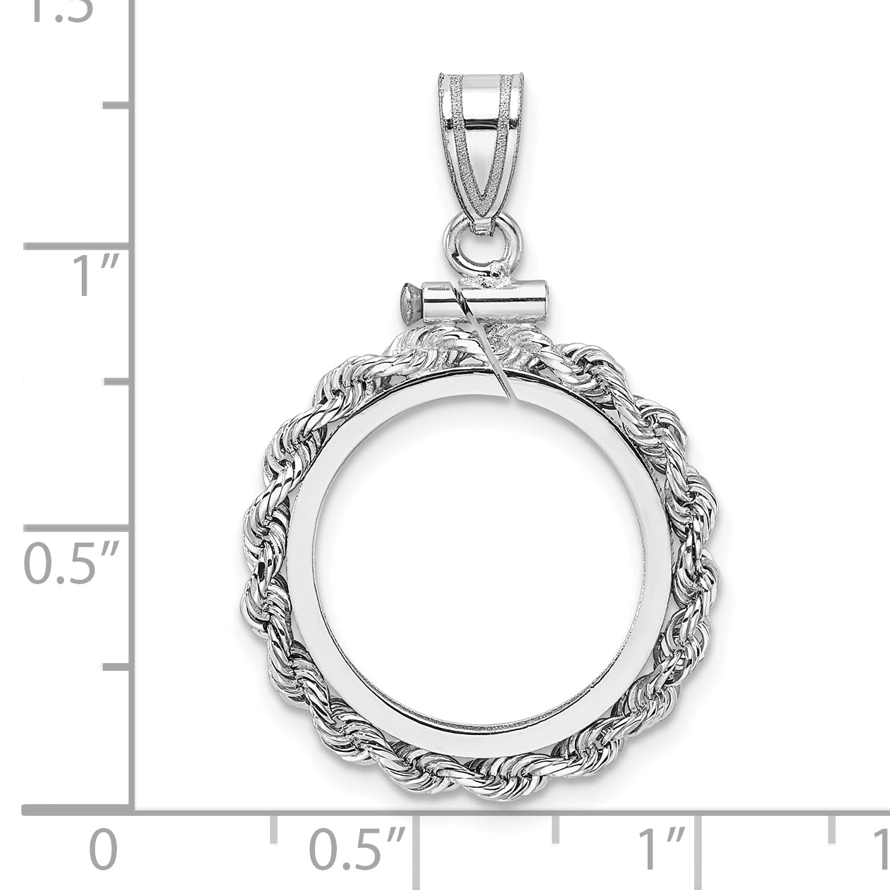 14K White Gold Wideband Distinguished Coin Jewelry Polished Rope 16.5mm X 1.35mm Screw Top Bezel Pendant