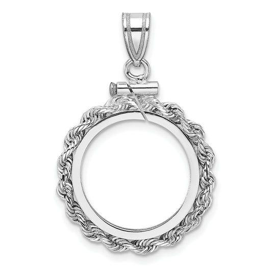 14K White Gold Wideband Distinguished Coin Jewelry Polished Rope 16.5mm X 1.35mm Screw Top Bezel Pendant