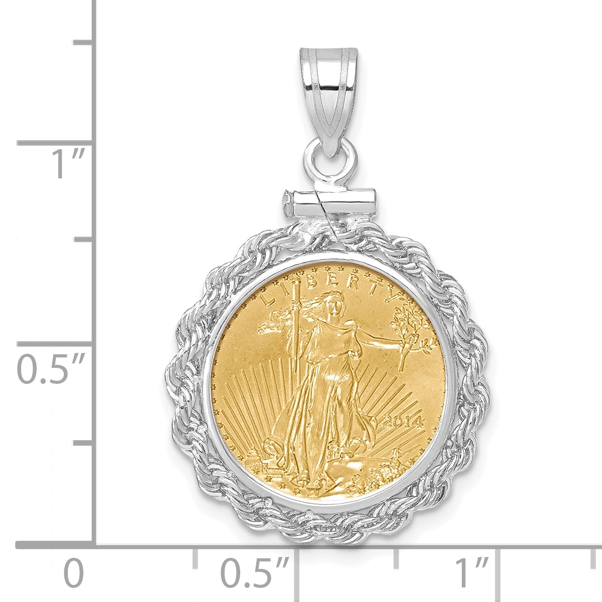 14K White Gold Wideband Distinguished Coin Jewelry Polished Rope Mounted 1/10Oz American Eagle Screw Top Bezel Pendant