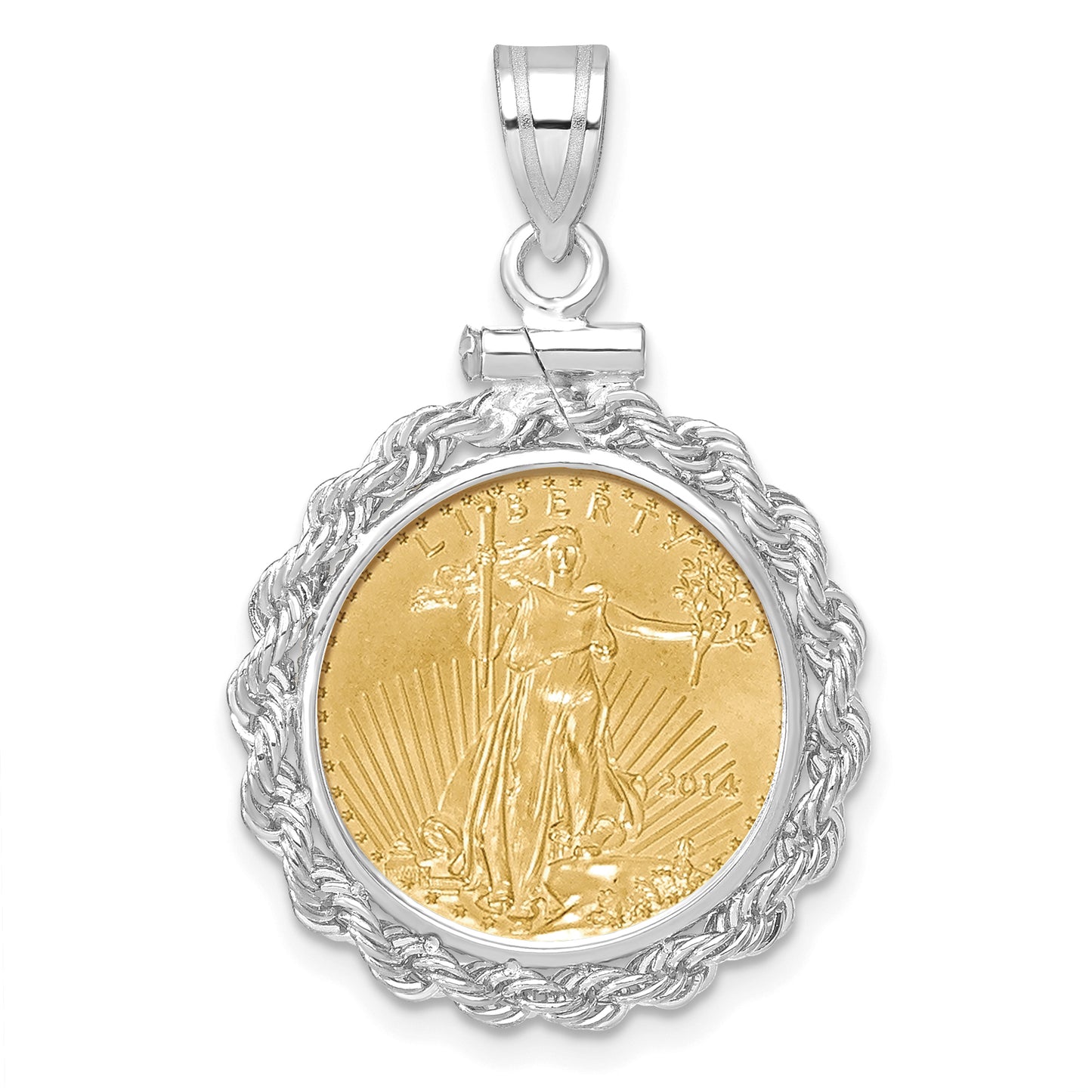 14K White Gold Wideband Distinguished Coin Jewelry Polished Rope Mounted 1/10Oz American Eagle Screw Top Bezel Pendant