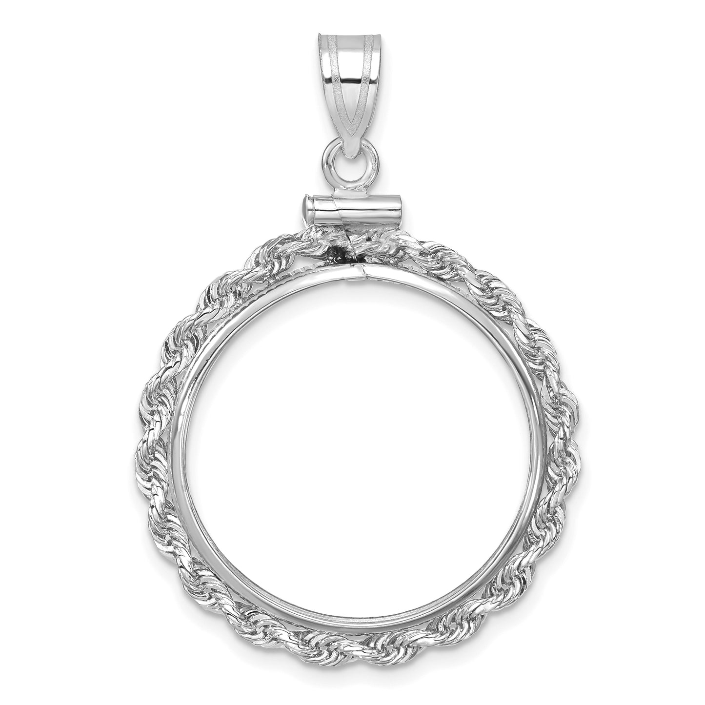 14K White Gold Wideband Distinguished Coin Jewelry Polished Rope 22.0mm X 1.9mm Screw Top Bezel Pendant