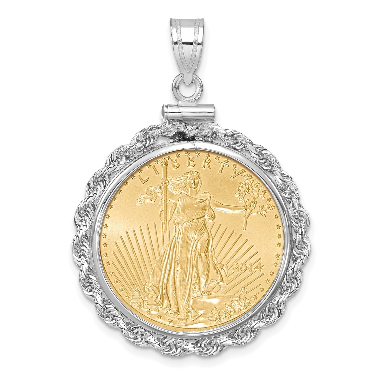 14K White Gold Wideband Distinguished Coin Jewelry Polished Rope Mounted 1/4Oz American Eagle Screw Top Bezel Pendant