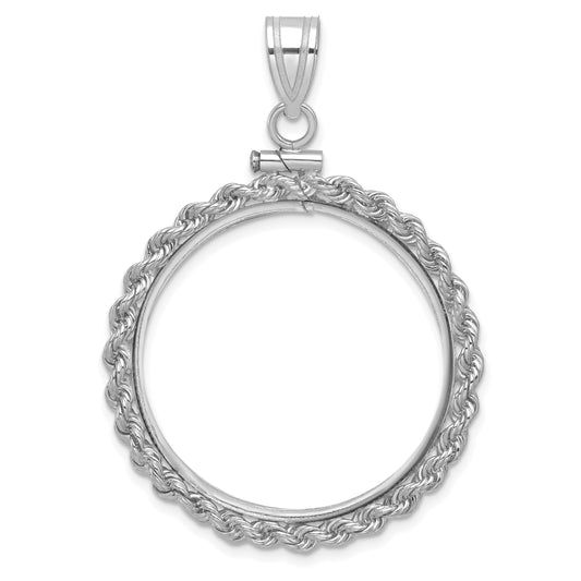 14K White Gold Wideband Distinguished Coin Jewelry Polished Rope 27.0mm X 2.35mm Screw Top Bezel Pendant