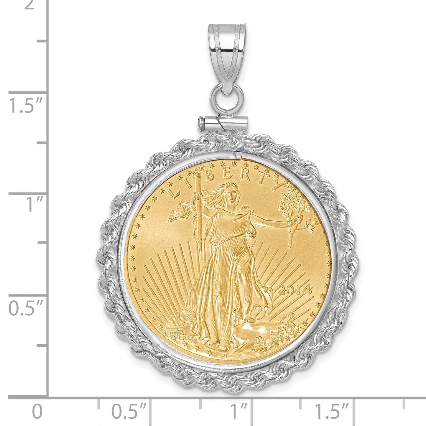 14K White Gold Wideband Distinguished Coin Jewelry Polished Rope Mounted 1/2Oz American Eagle Screw Top Bezel Pendant