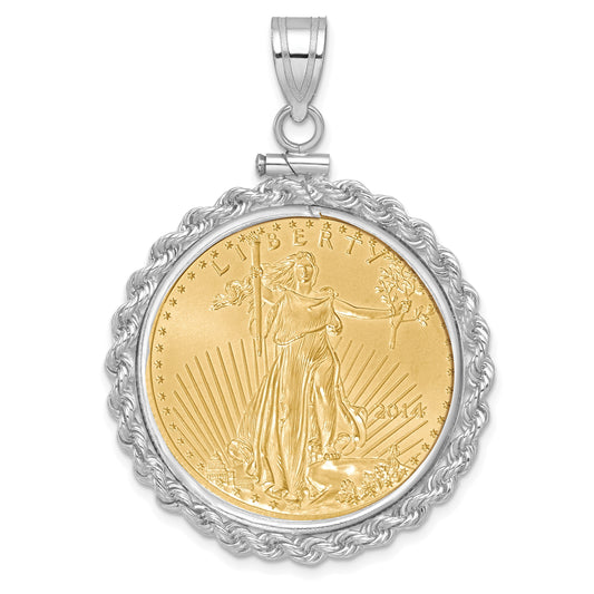 14K White Gold Wideband Distinguished Coin Jewelry Polished Rope Mounted 1/2Oz American Eagle Screw Top Bezel Pendant