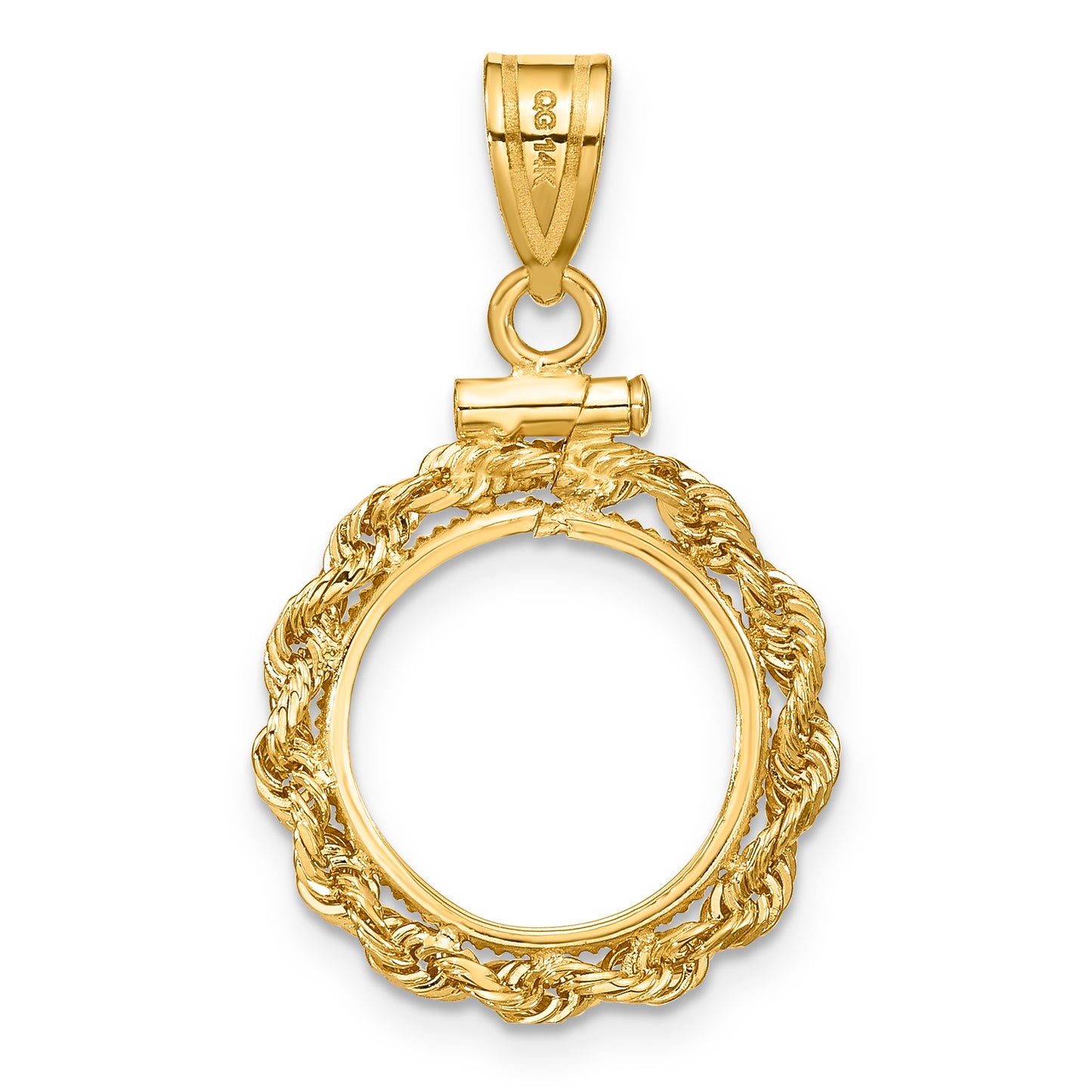 14K Yellow Gold Wideband Distinguished Coin Jewelry Polished Rope 13.0mm X 1.1mm Screw Top Bezel Pendant