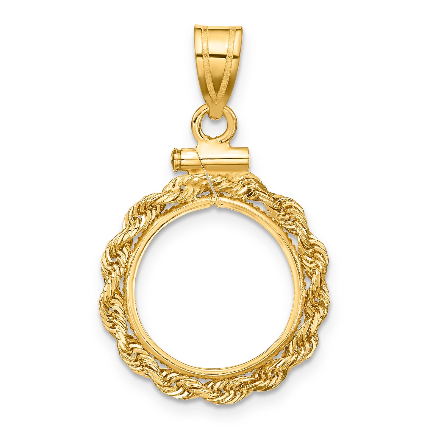 14K Yellow Gold Wideband Distinguished Coin Jewelry Polished Rope 14.0mm X 1.1mm Screw Top Bezel Pendant