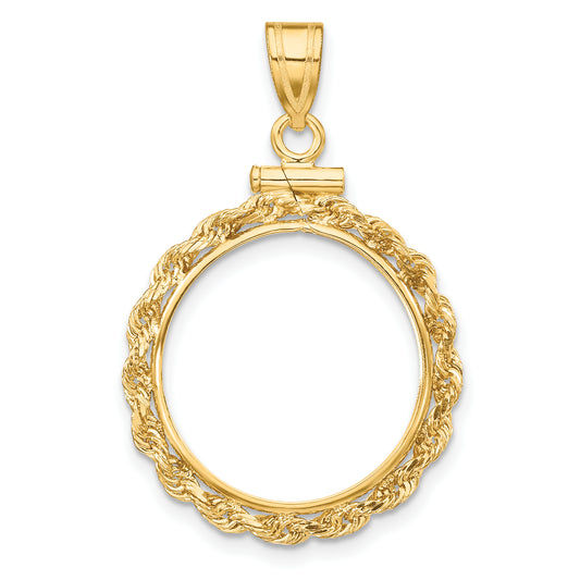 14K Yellow Gold Wideband Distinguished Coin Jewelry Polished Rope 17.8mm X 1.35mm Screw Top Bezel Pendant