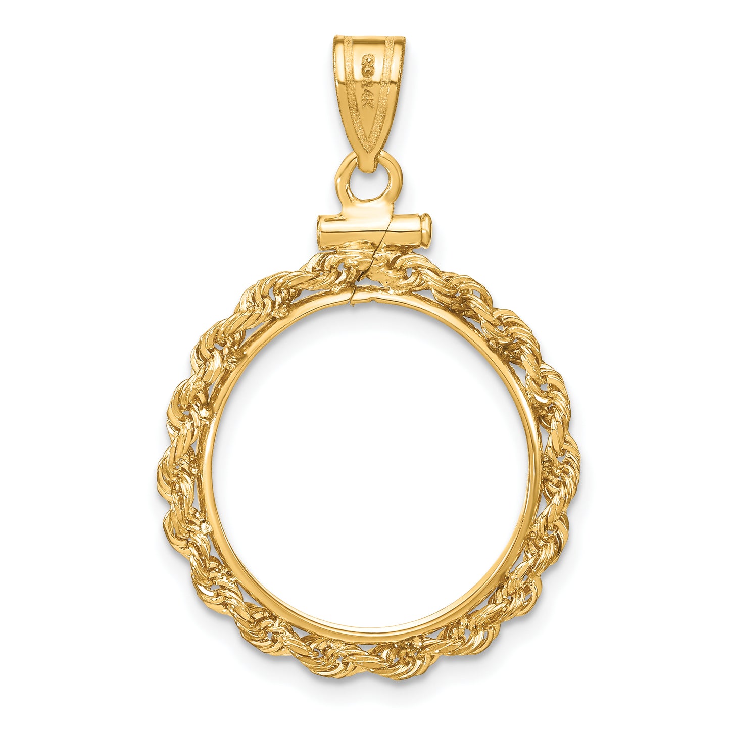 14K Yellow Gold Wideband Distinguished Coin Jewelry Polished Rope 18.0mm X 1.35mm Screw Top Bezel Pendant