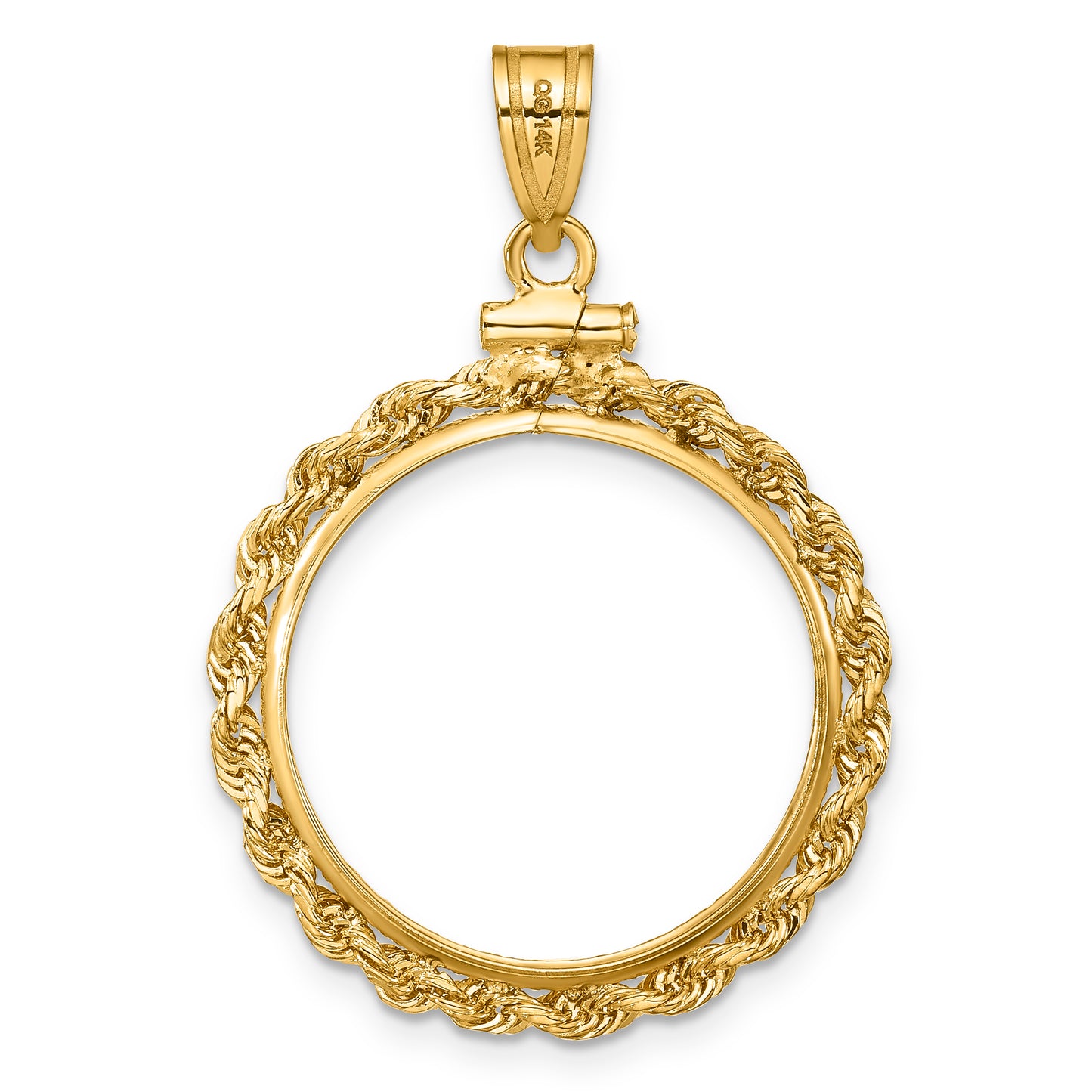 14K Yellow Gold Wideband Distinguished Coin Jewelry Polished Rope 21.6mm X 1.7mm Screw Top Bezel Pendant