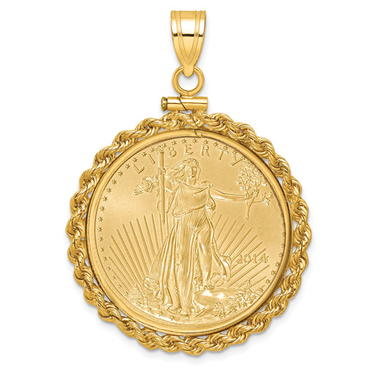 14K Yellow Gold Wideband Distinguished Coin Jewelry Polished Rope Mounted 1/2Oz American Eagle Screw Top Bezel Pendant