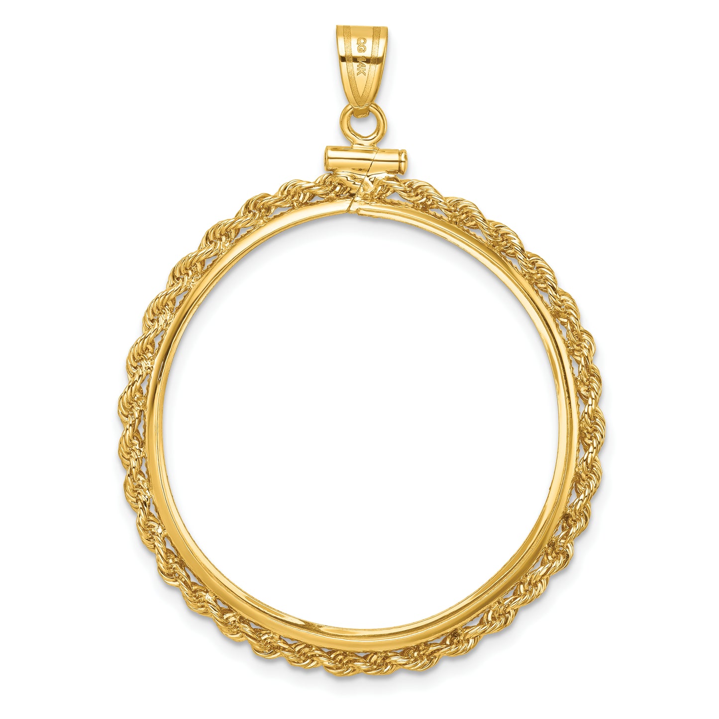 14K Yellow Gold Wideband Distinguished Coin Jewelry Polished Rope 32.0mm X 2.85mm Screw Top Bezel Pendant