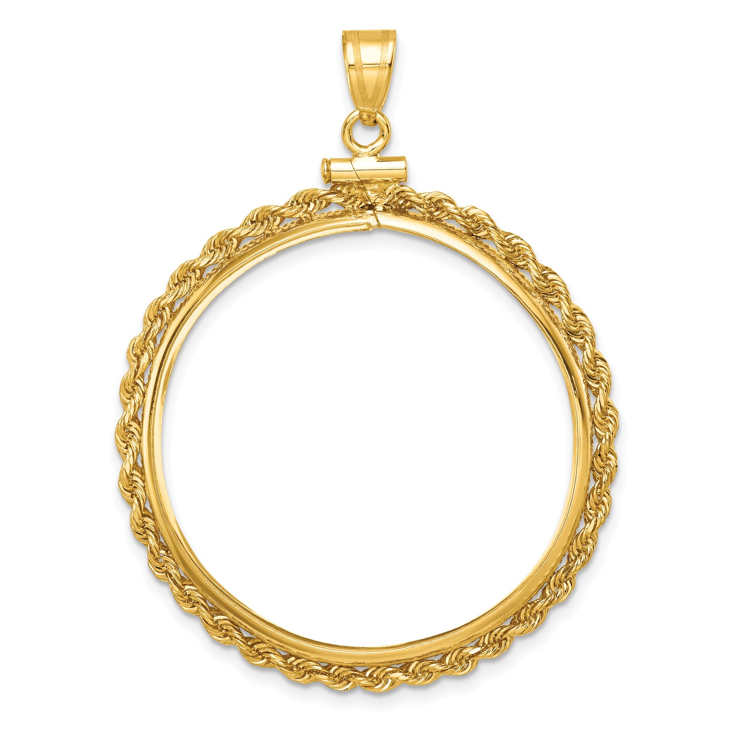 14K Yellow Gold Wideband Distinguished Coin Jewelry Polished Rope 32.0mm X 2.85mm Screw Top Bezel Pendant