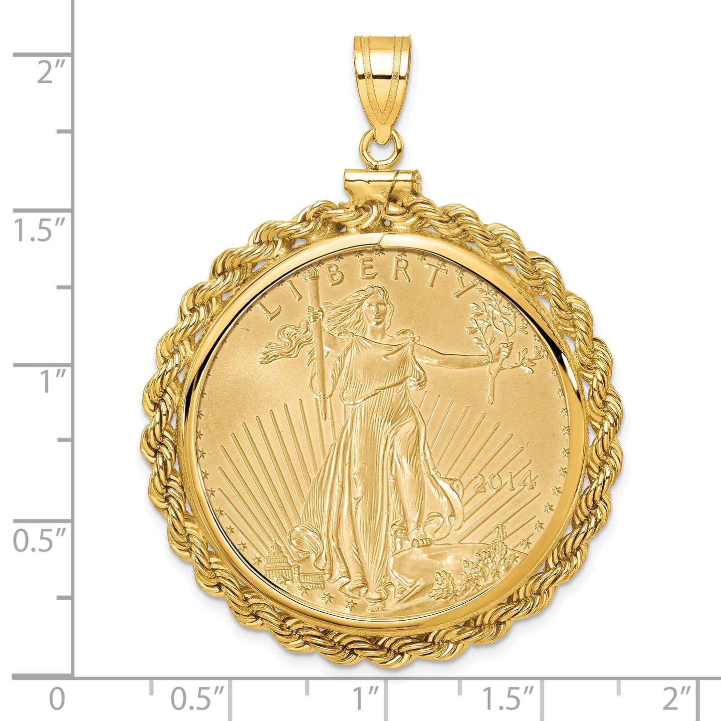 14K Yellow Gold Wideband Distinguished Coin Jewelry Polished Rope Mounted 1Oz American Eagle Screw Top Bezel Pendant