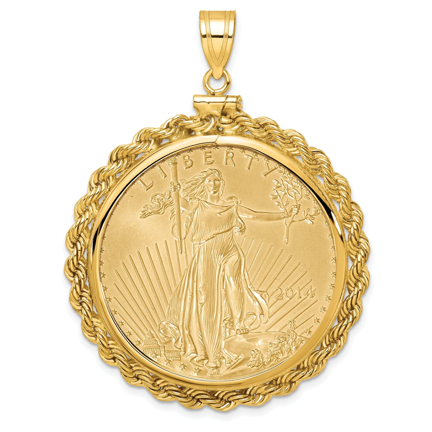 14K Yellow Gold Wideband Distinguished Coin Jewelry Polished Rope Mounted 1Oz American Eagle Screw Top Bezel Pendant