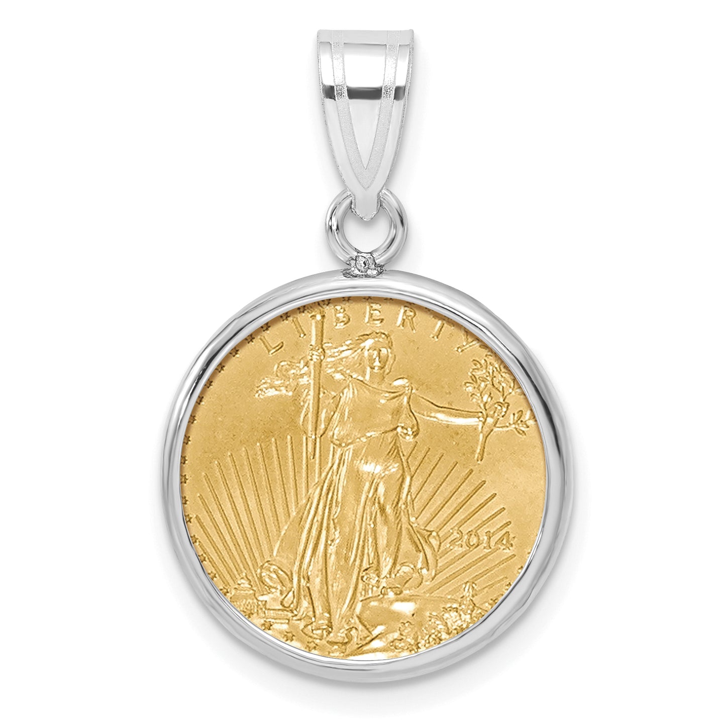 14K White Gold Wideband Distinguished Coin Jewelry Polished Mounted 1/10Oz American Eagle Prong Bezel Pendant