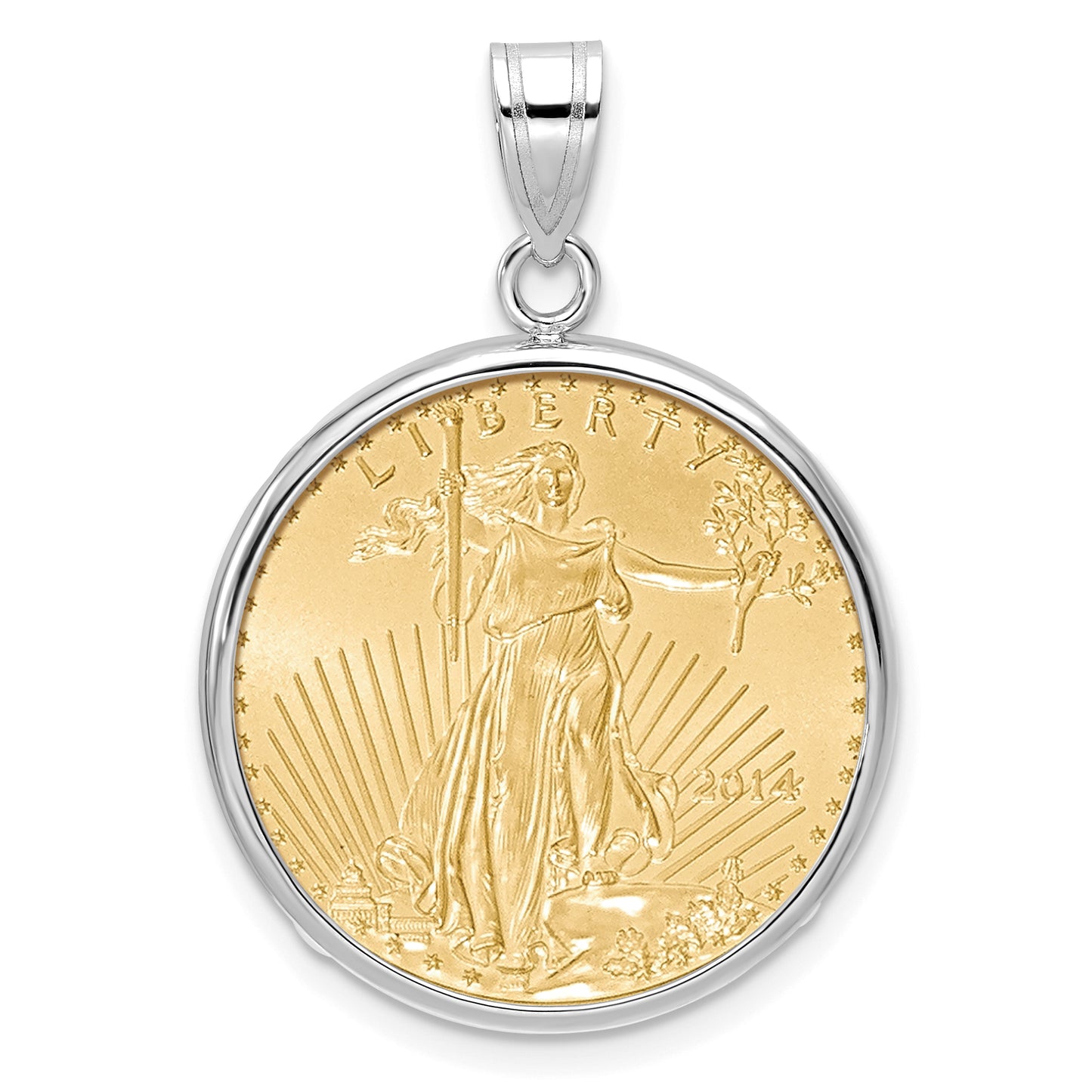 14K White Gold Wideband Distinguished Coin Jewelry Polished Mounted 1/4Oz American Eagle Prong Bezel Pendant