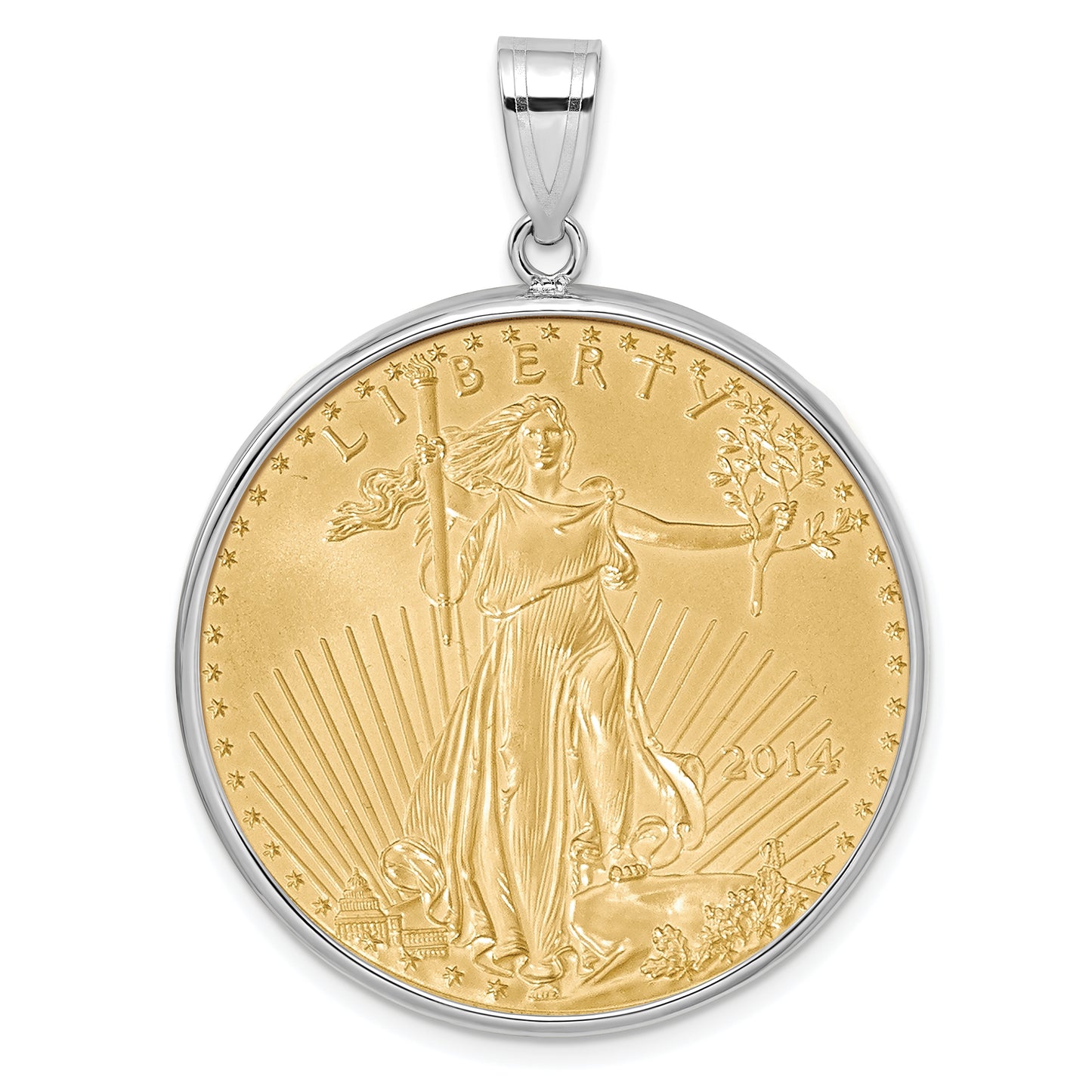 14K White Gold Wideband Distinguished Coin Jewelry Polished Mounted 1Oz American Eagle Prong Bezel Pendant