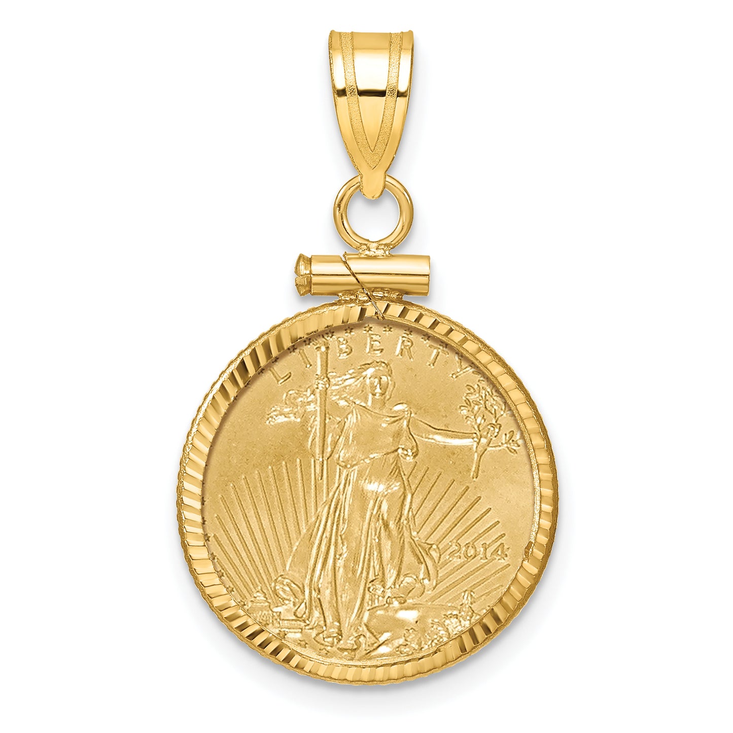 14K Yellow Gold Wideband Distinguished Coin Jewelry 14Ky Diamond-Cut Screw Top Mounted 1/10Oz American Eagle Bezel Pendant