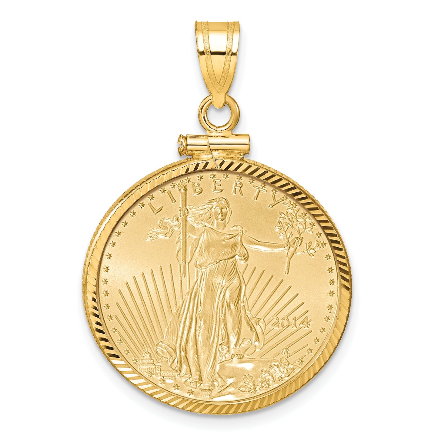 14K Yellow Gold Wideband Distinguished Coin Jewelry 14Ky Diamond-Cut Screw Top Mounted 1/4Oz American Eagle Bezel Pendant