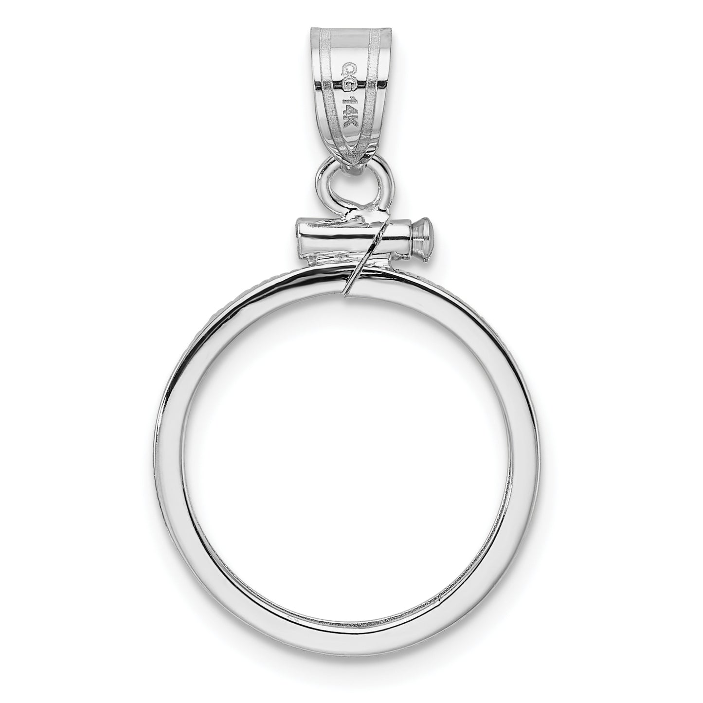 14K White Gold Wideband Distinguished Coin Jewelry Polished And Diamond-Cut 16.5mm X 1.35mm Screw Top Bezel Pendant