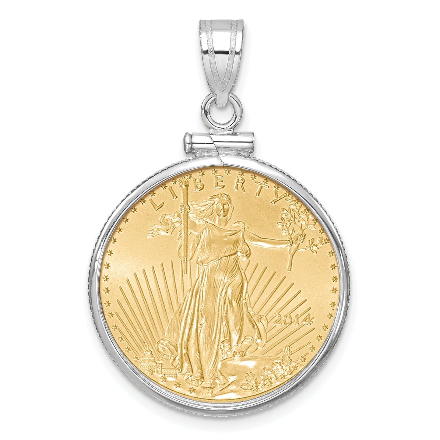 14K White Gold Wideband Distinguished Coin Jewelry Polished Mounted 1/4Oz American Eagle Screw Top Bezel Pendant