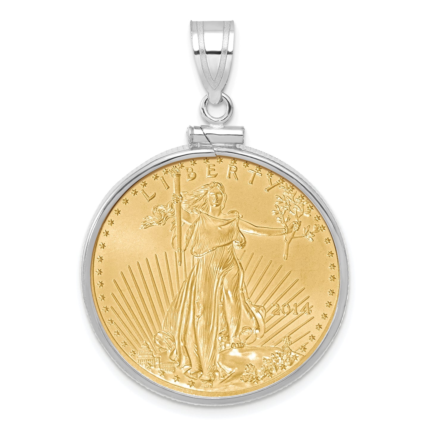 14K White Gold Wideband Distinguished Coin Jewelry Polished Mounted 1/2Oz American Eagle Screw Top Bezel Pendant