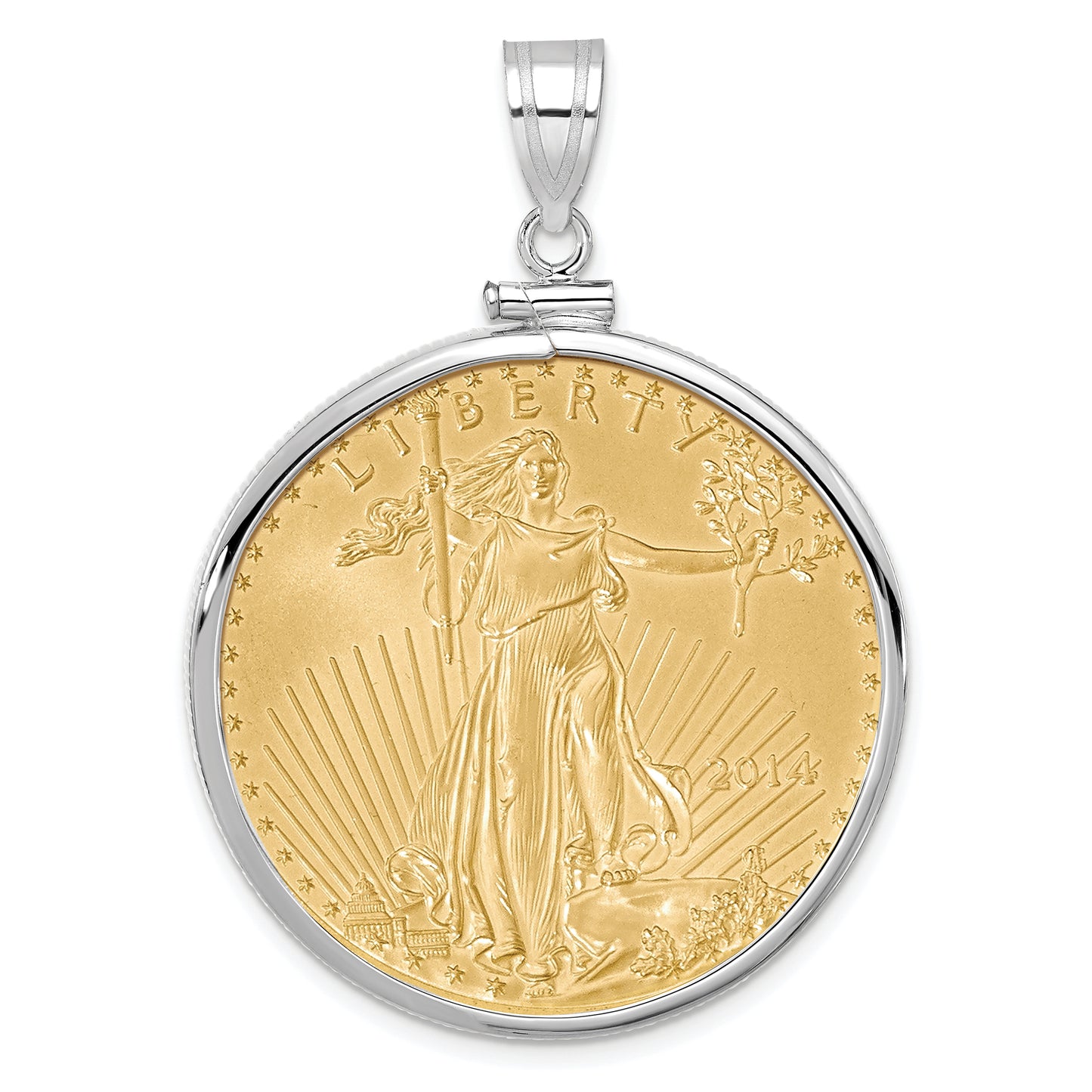 14K White Gold Wideband Distinguished Coin Jewelry Polished Mounted 1Oz American Eagle Screw Top Bezel Pendant