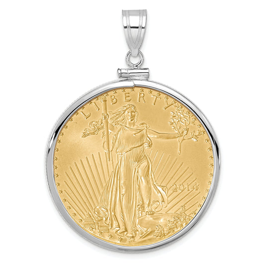 14K White Gold Wideband Distinguished Coin Jewelry Polished Mounted 1Oz American Eagle Screw Top Bezel Pendant