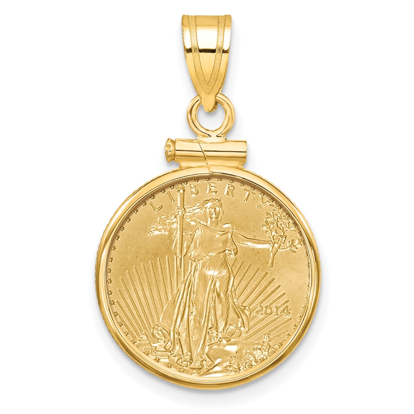 14K Yellow Gold Wideband Distinguished Coin Jewelry Polished Mounted 1/10Oz American Eagle Screw Top Bezel Pendant