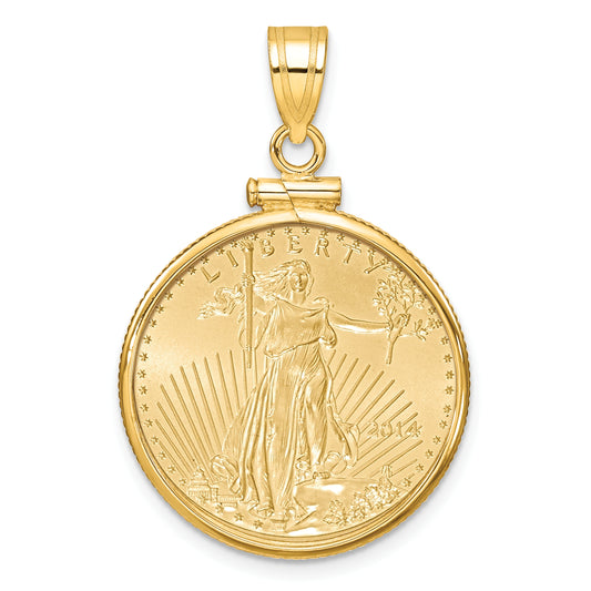 14K Yellow Gold Wideband Distinguished Coin Jewelry Polished Mounted 1/4Oz American Eagle Screw Top Bezel Pendant