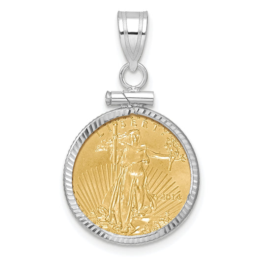 14K White Gold Wideband Distinguished Coin Jewelry 14Kw Diamond-Cut Screw Top Mounted 1/10Oz American Eagle Bezel Pendant