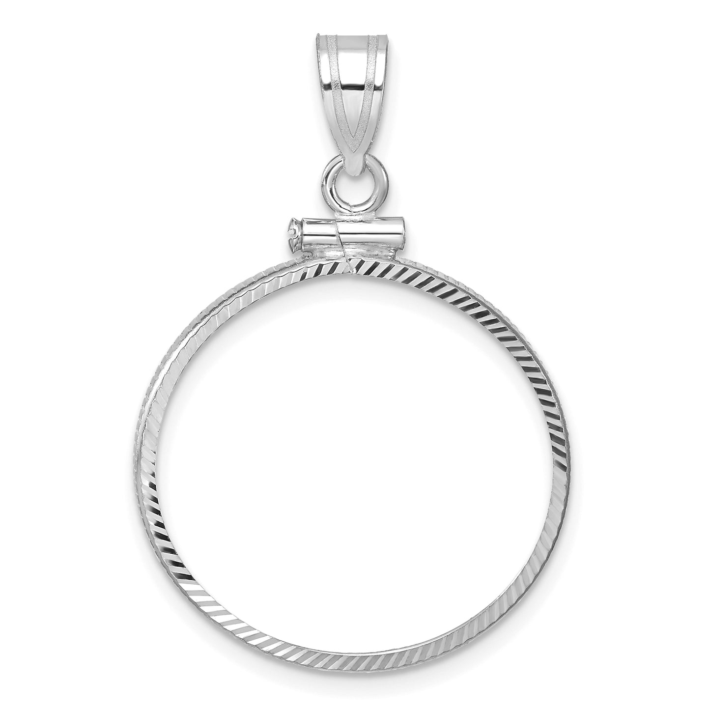 14K White Gold Wideband Distinguished Coin Jewelry Polished And Diamond-Cut 22.0mm X 1.9mm Screw Top Bezel Pendant