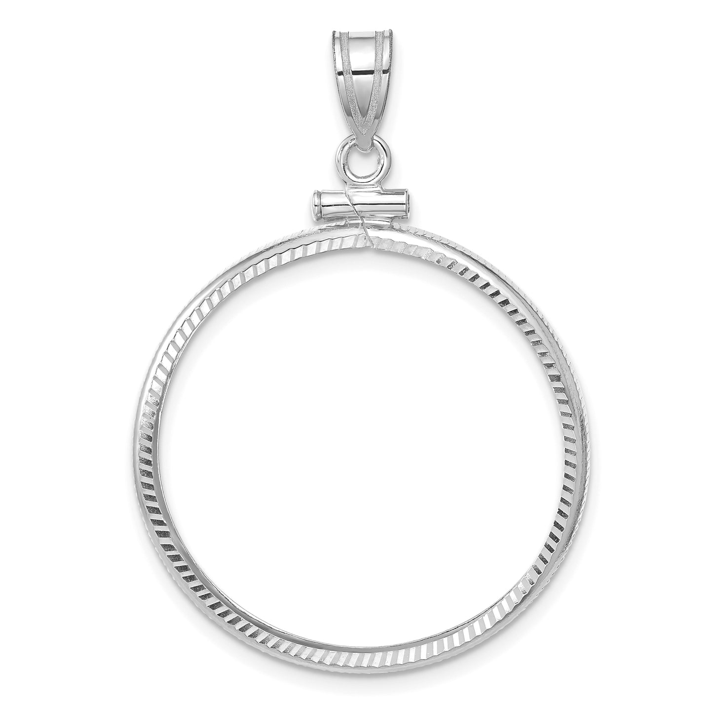 14K White Gold Wideband Distinguished Coin Jewelry Polished And Diamond-Cut 27mm X 2.35mm Screw Top Bezel Pendant