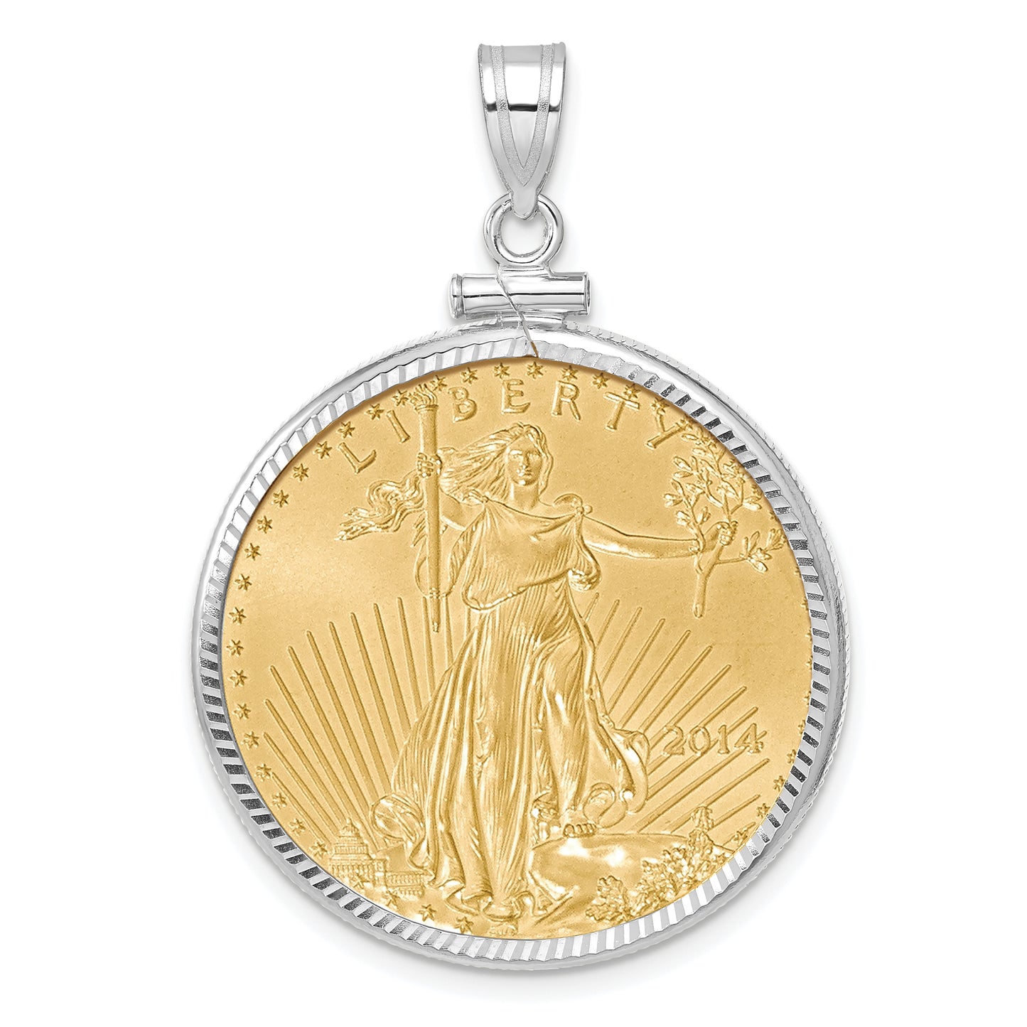 14K White Gold Wideband Distinguished Coin Jewelry 14Kw Diamond-Cut Screw Top Mounted 1/2Oz American Eagle Bezel Pendant