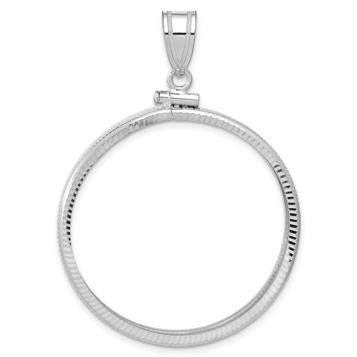 14K White Gold Wideband Distinguished Coin Jewelry Polished And Diamond-Cut 32.7mm X 3.00mm Screw Top Bezel Pendant